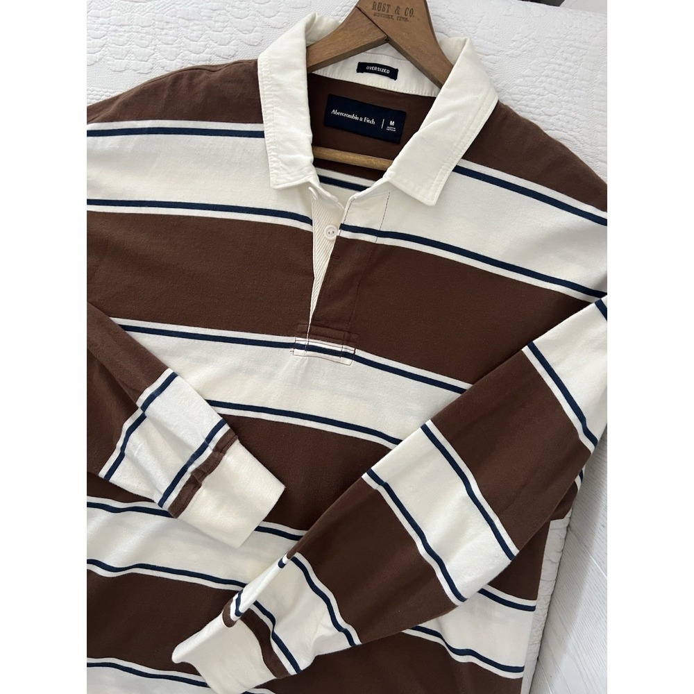 Abercrombie & Fitch Rugby Oversized Polo Shirt Men's Medium Stripe Preppy Brown - Picture 2 of 14